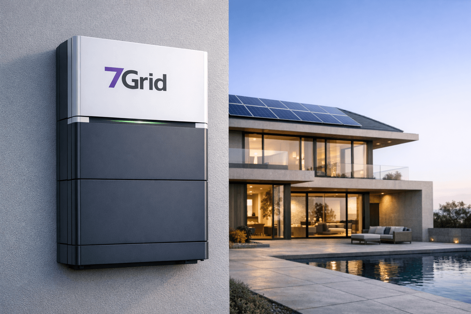 7Grid residential energy storage system beside a modern home