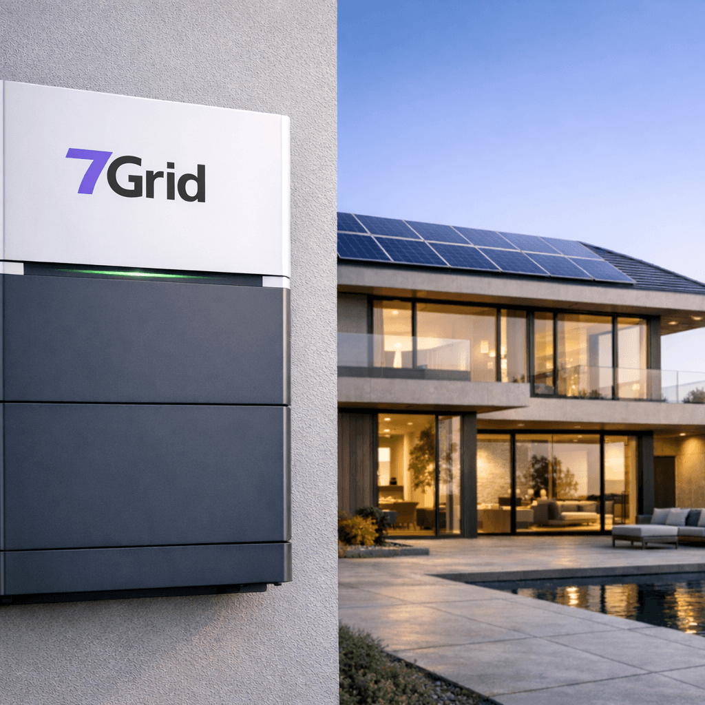 7Grid residential energy storage system beside a modern home